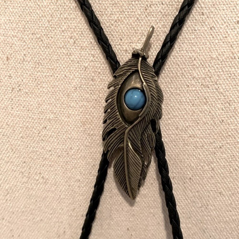 Men’s Western Bolo Tie Necklace - Metal Feather with Faux Turquoise